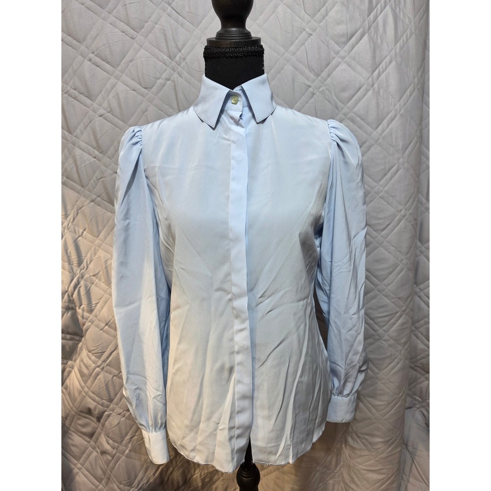 St John Women Light Blue Puff Sleeve Button Front Blouse Size 4 Vintage